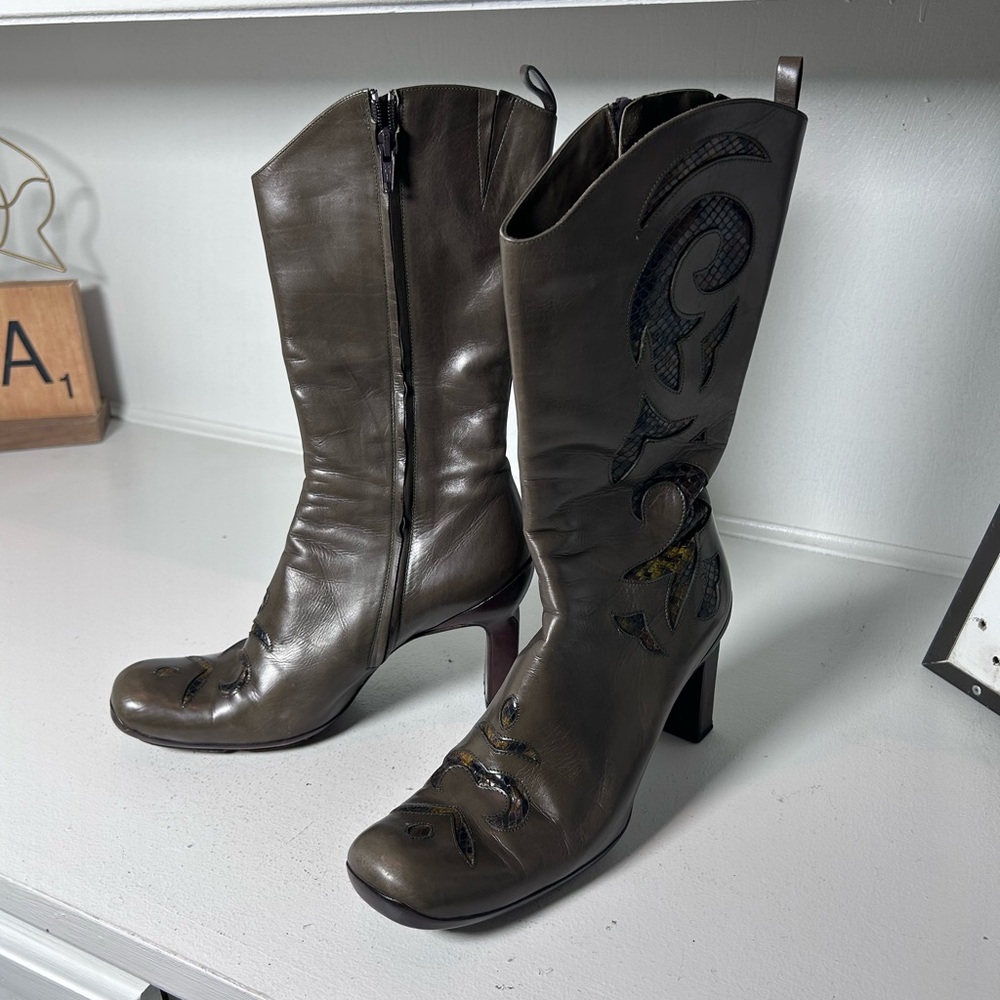 Vintage Graye Leather Western Boots 6.5/7 Y2K Heeled Cowboy Boots Cutout Detail - Picture 2 of 8